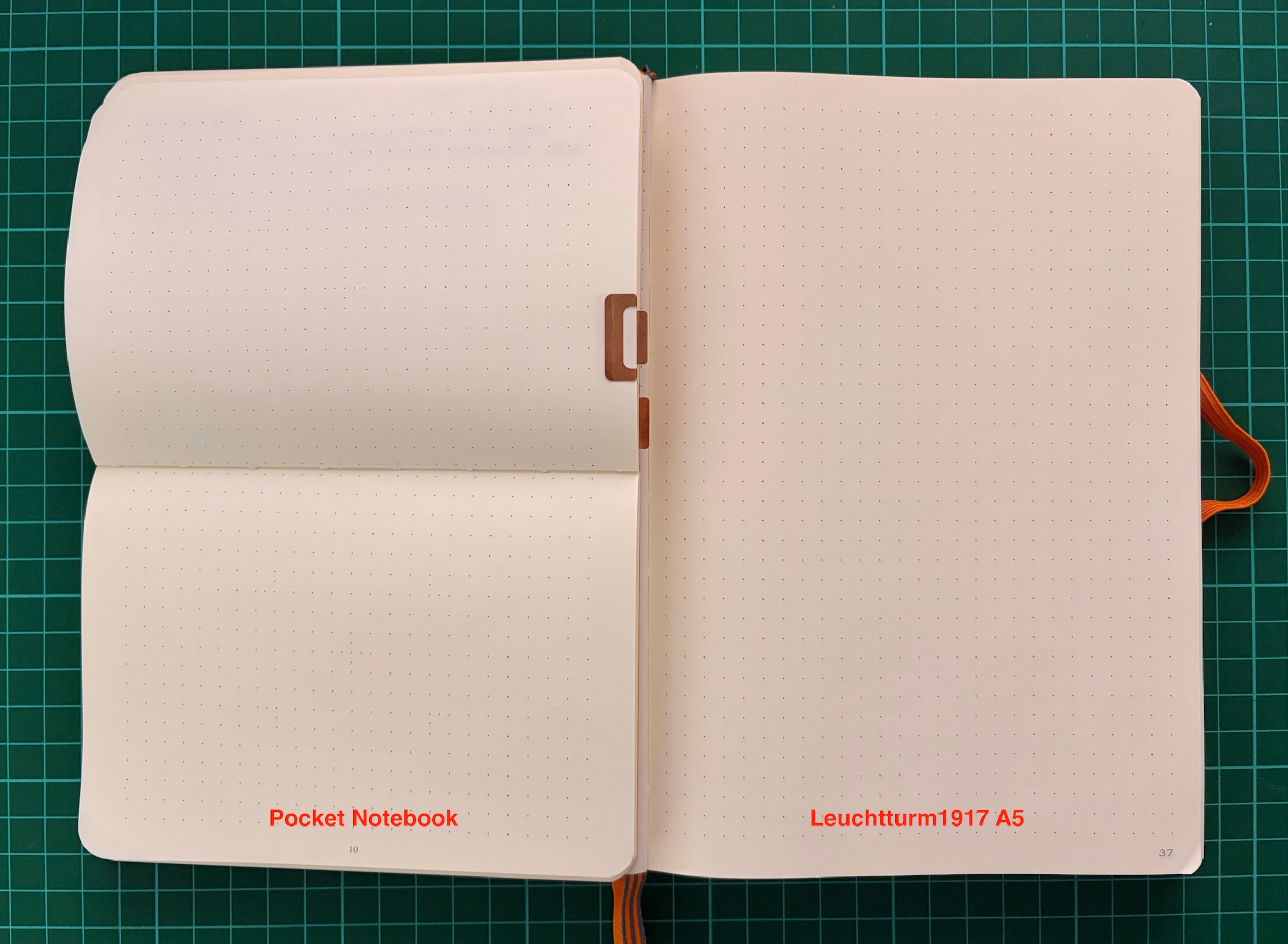 Photo of a Leuchtturm1917 Bullet Journal Pocket Notebook placed on top of a Leuchtturm1917 A5 dot grid notebook