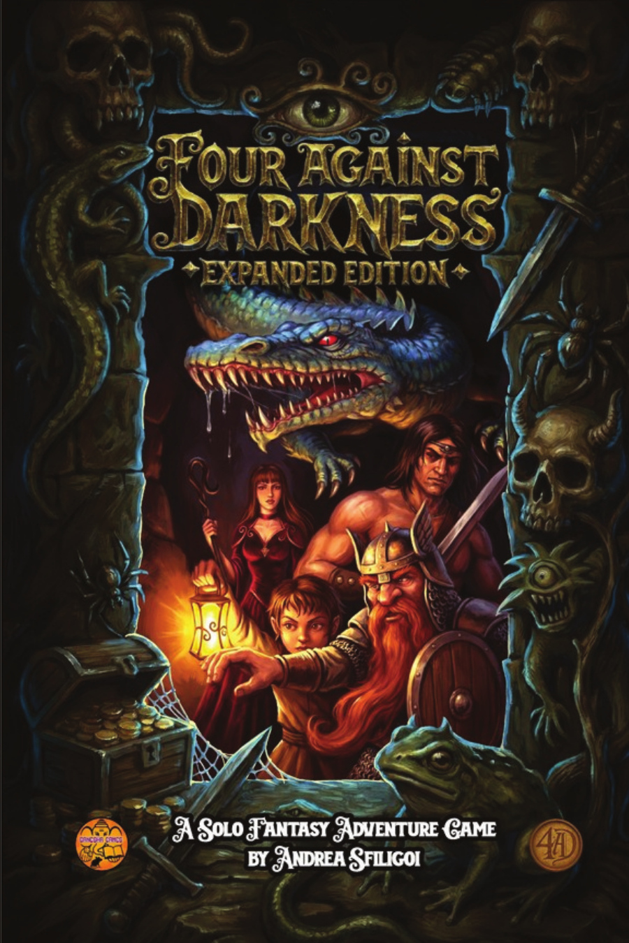 Cover of Four Against Darkness Expanded Edition showing four adventurers in a dungeon reaching for a treasure chest, with a dragon lurking in the background