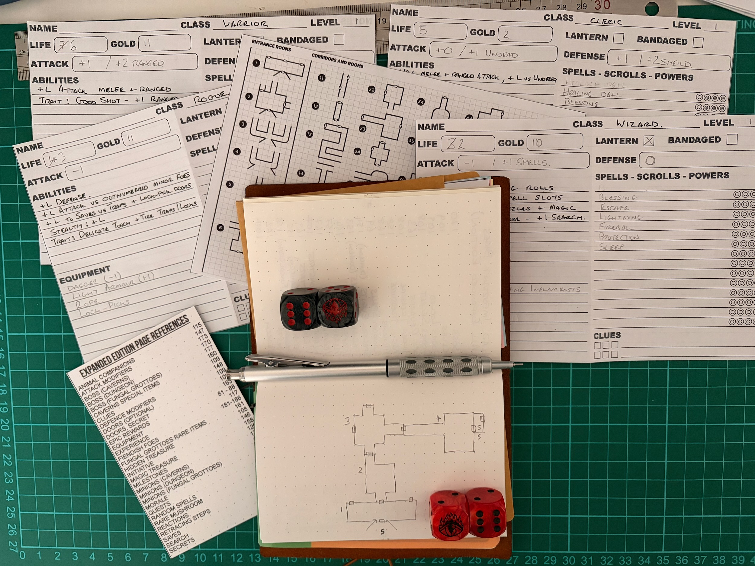 Photo showing a Traveler’s Company Passport Notebook, mechanical pencil, four six-sided dice, character sheets and reference sheets of a Four Against Darkness game in progress