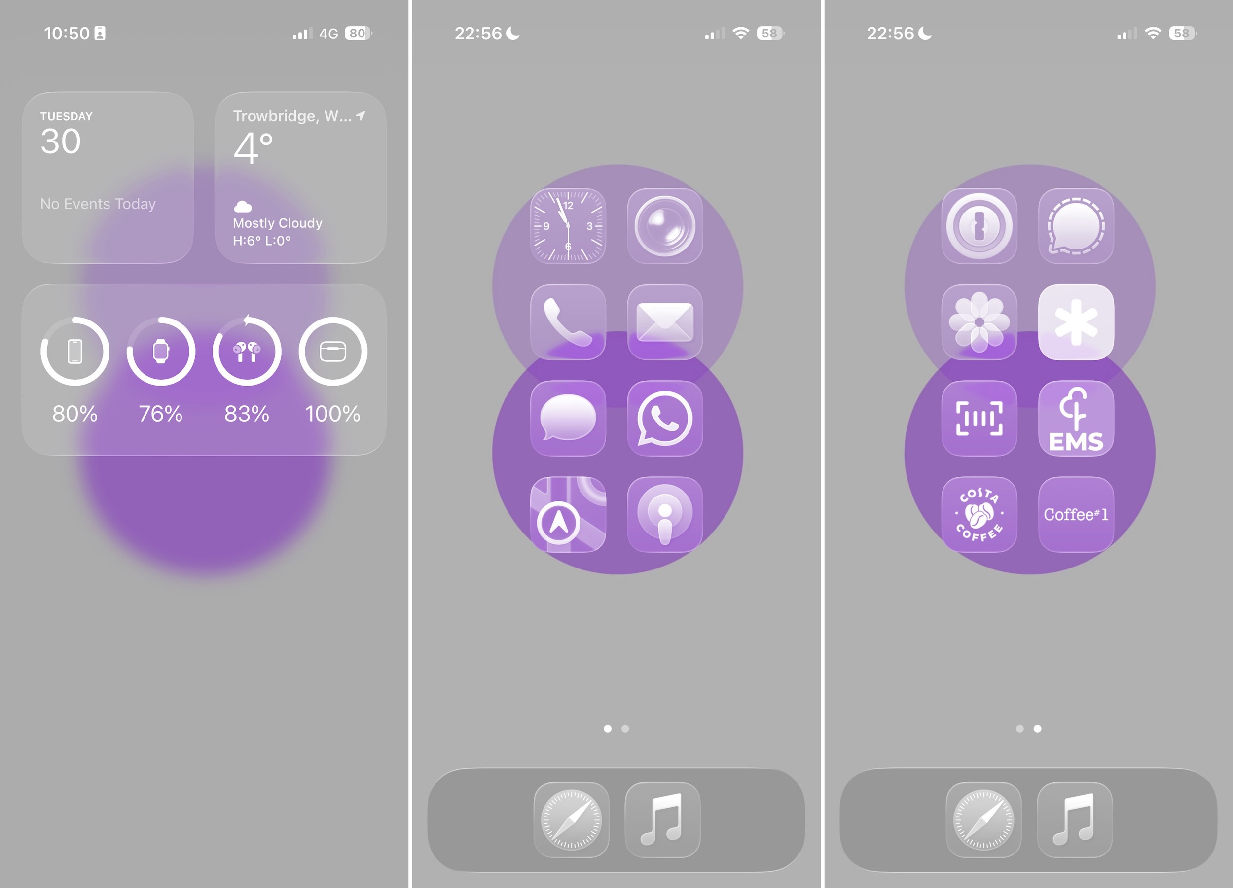 Combination of three iPhone screenshots showing minimalist design with dedicated widgets page and two screens of app icons, 2 columns, 8 icons per screen, with 2 additional icons in the dock.
