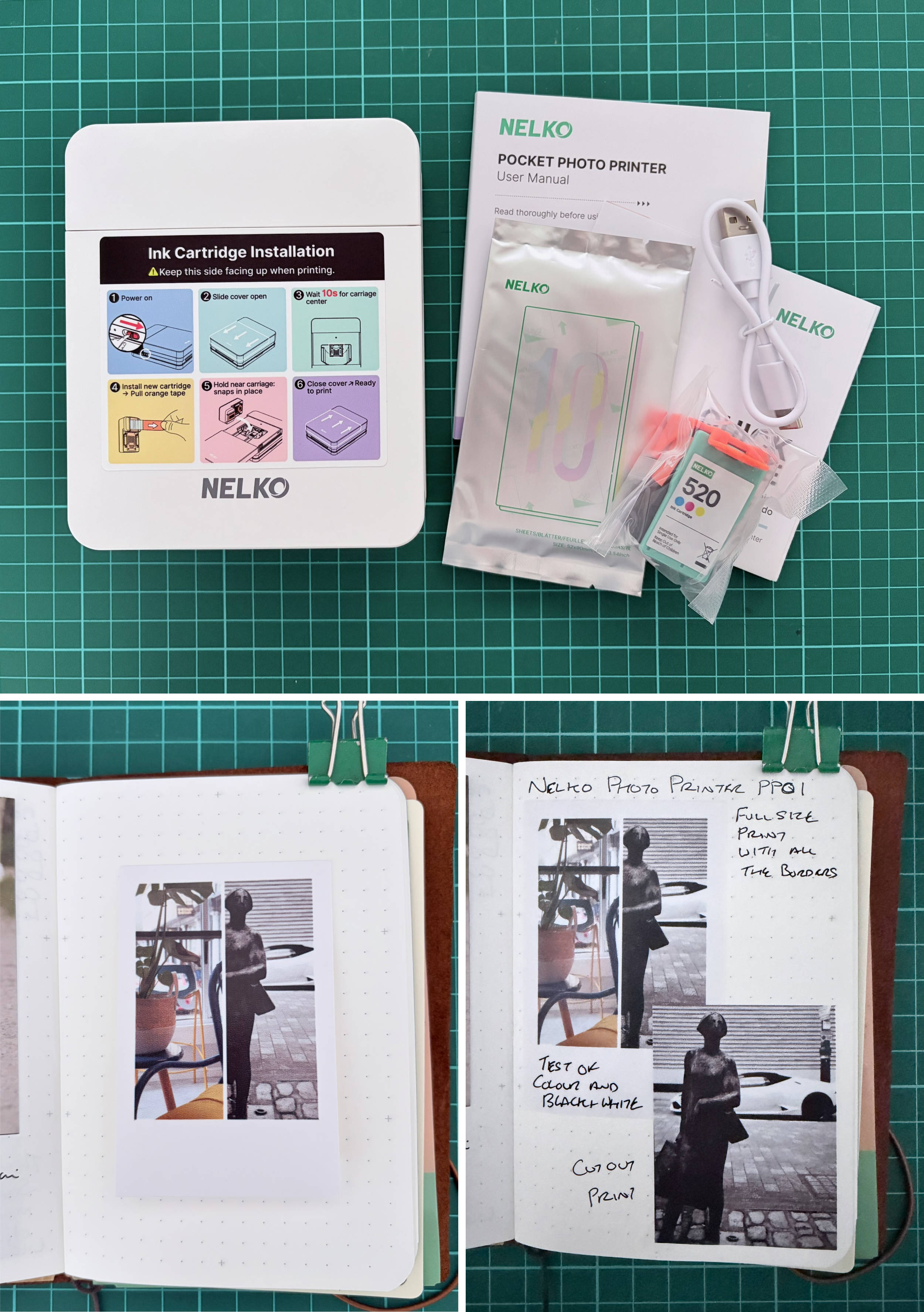 Photos of the Nelko Photo Printer PP01 along with a couple of sample pages from my photo journal showing images printed by the printer on the page