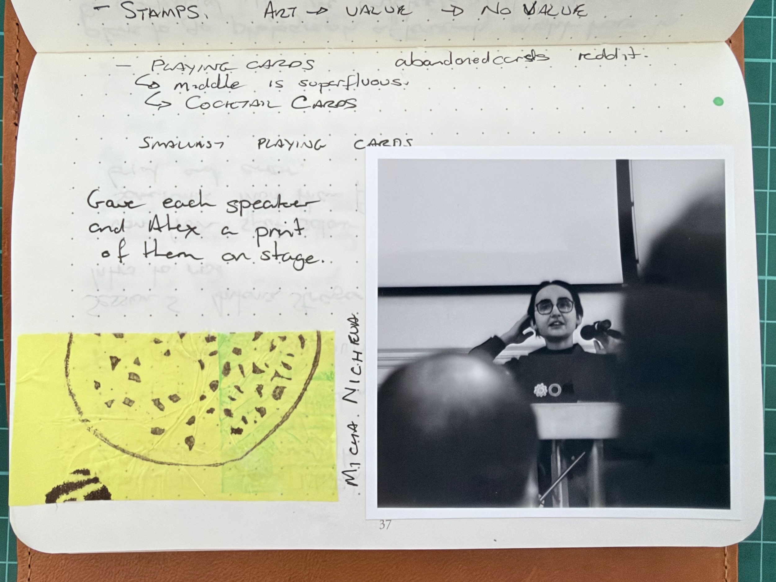A page from my notes showing a Selphy QX20 print and a small piece of ‘citrus ephemera’
