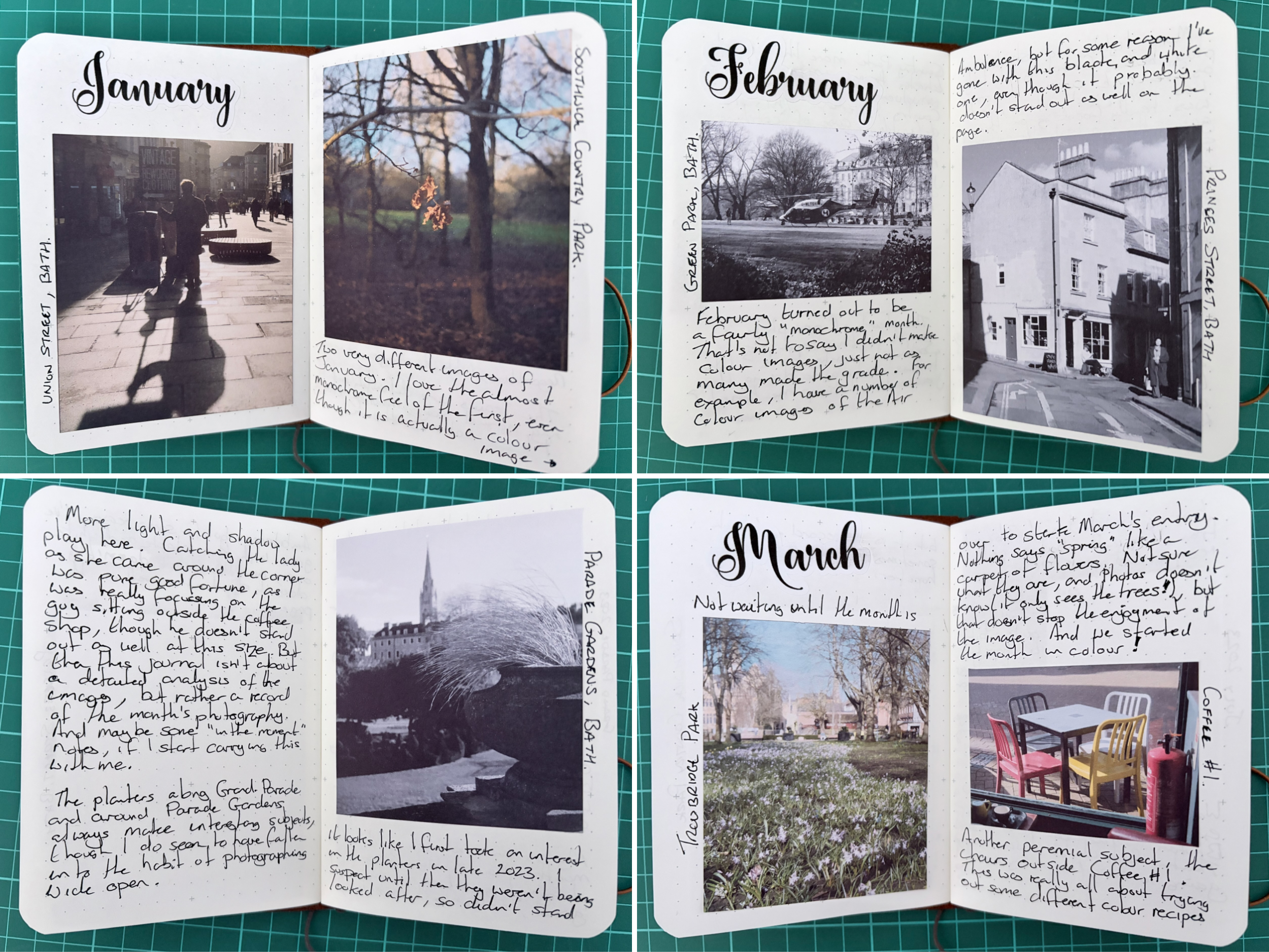 Collage of images of my 2026 photo journal showing how text and photos are mixed on the page